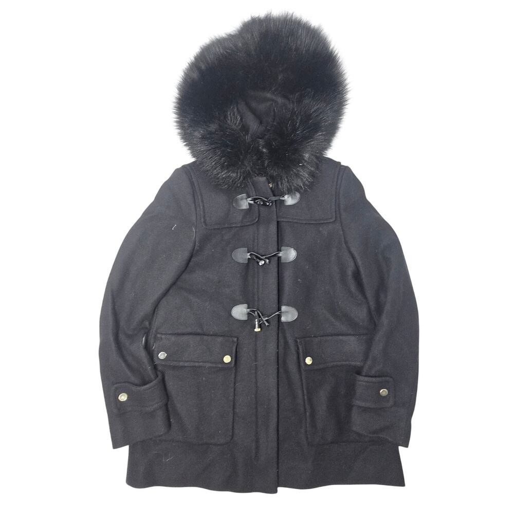 Zara Woman Wool Blend Overcoat Faux Fur Hood Toggle Button Womens Large Black